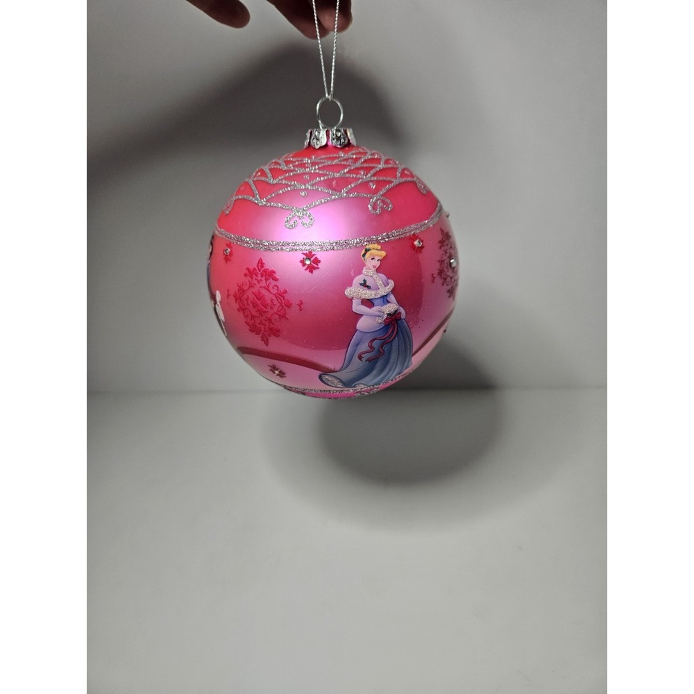 Disney Princess Cinderella Glass Christmas Ornament Large 5" Pink Bauble Glitter